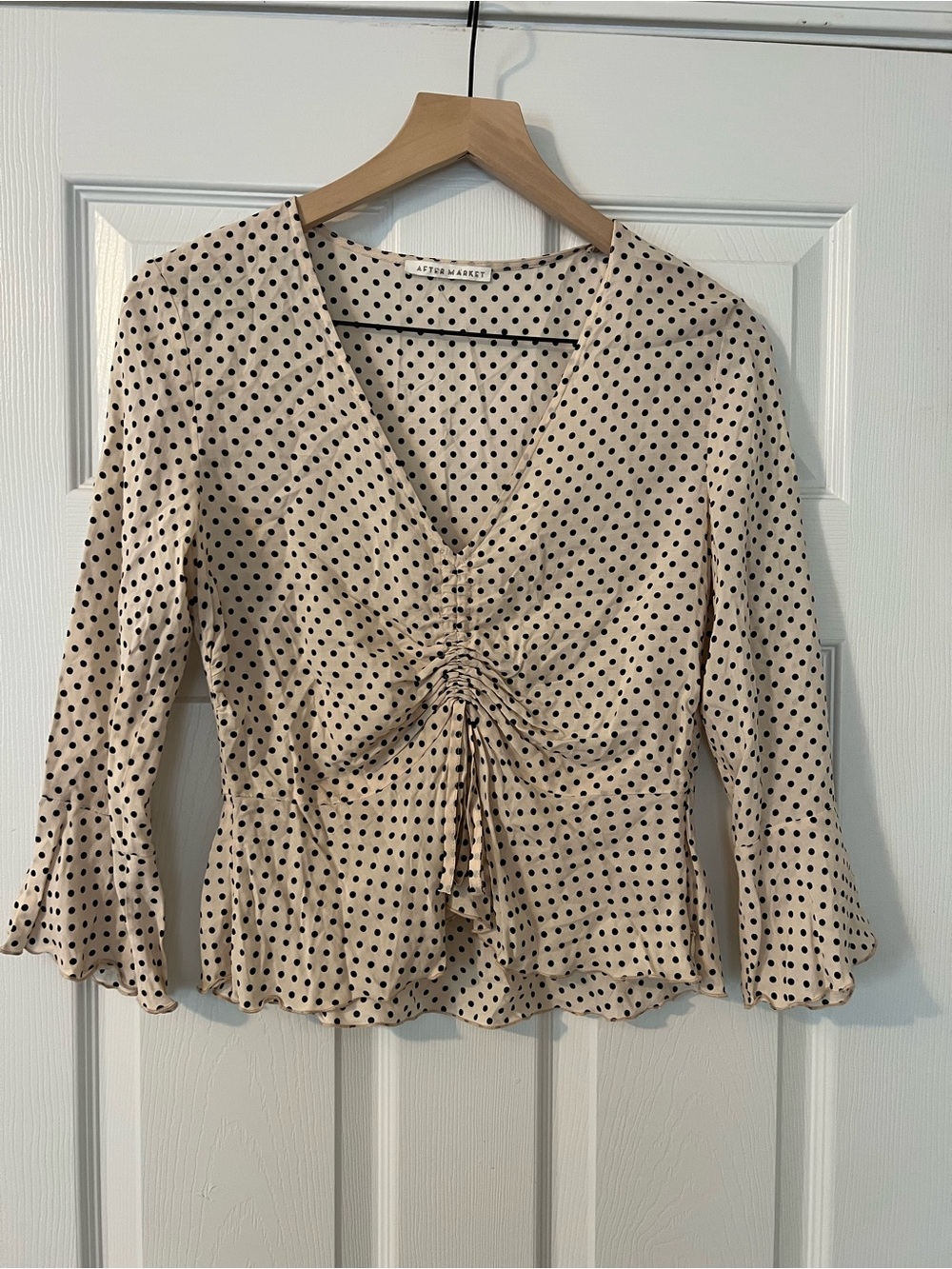 NWOT After Market Cinched Front Cream Polka Dot Top